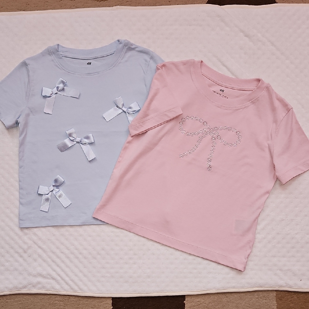 H&M Pastel Blue Bow and Pink Bow T-Shirts- Set Of Two